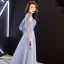 Chic / Beautiful Sky Blue Evening Dresses  2019 A-Line / Princess V-Neck Puffy 3/4 Sleeve Beading Glitter Tulle Floor-Length / Long Ruffle Backless Formal Dresses
