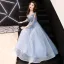 Chic / Beautiful Sky Blue Evening Dresses  2019 A-Line / Princess V-Neck Puffy 3/4 Sleeve Beading Glitter Tulle Floor-Length / Long Ruffle Backless Formal Dresses
