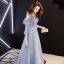 Chic / Beautiful Sky Blue Evening Dresses  2019 A-Line / Princess V-Neck Puffy 3/4 Sleeve Beading Glitter Tulle Floor-Length / Long Ruffle Backless Formal Dresses