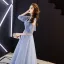Chic / Beautiful Sky Blue Evening Dresses  2019 A-Line / Princess V-Neck Puffy 3/4 Sleeve Beading Glitter Tulle Floor-Length / Long Ruffle Backless Formal Dresses