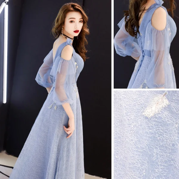 Chic / Beautiful Sky Blue Evening Dresses  2019 A-Line / Princess V-Neck Puffy 3/4 Sleeve Beading Glitter Tulle Floor-Length / Long Ruffle Backless Formal Dresses