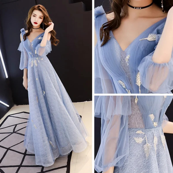 Chic / Beautiful Sky Blue Evening Dresses  2019 A-Line / Princess V-Neck Puffy 3/4 Sleeve Beading Glitter Tulle Floor-Length / Long Ruffle Backless Formal Dresses