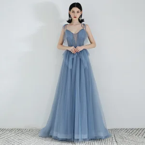Meilleur Bleu Ciel Robe De Soirée 2019 Princesse Transparentes Col V Profond Sans Manches Perlage Glitter Tulle Train De Balayage Volants Dos Nu Robe De Ceremonie