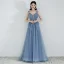 Meilleur Bleu Ciel Robe De Soirée 2019 Princesse Transparentes Col v profond Sans Manches Perlage Glitter Tulle Train De Balayage Volants Dos Nu Robe De Ceremonie