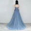 Meilleur Bleu Ciel Robe De Soirée 2019 Princesse Transparentes Col v profond Sans Manches Perlage Glitter Tulle Train De Balayage Volants Dos Nu Robe De Ceremonie