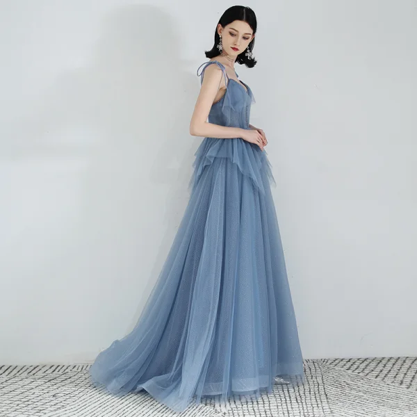 Meilleur Bleu Ciel Robe De Soirée 2019 Princesse Transparentes Col v profond Sans Manches Perlage Glitter Tulle Train De Balayage Volants Dos Nu Robe De Ceremonie