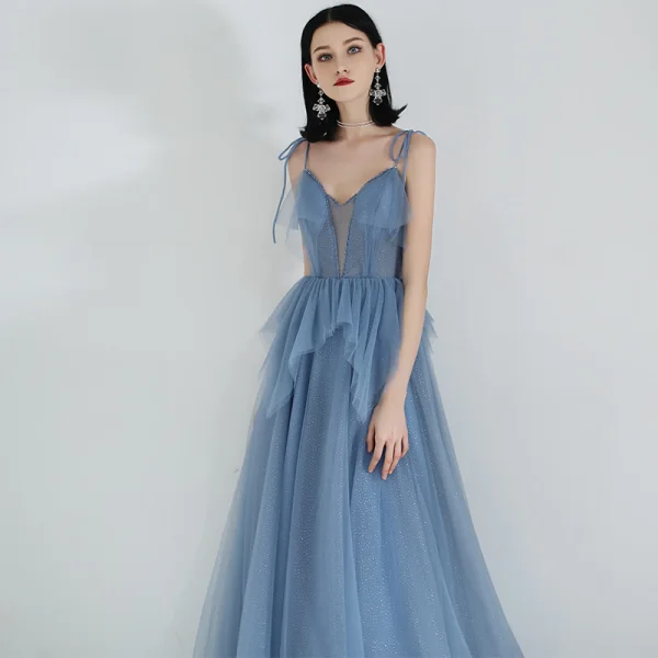 Meilleur Bleu Ciel Robe De Soirée 2019 Princesse Transparentes Col v profond Sans Manches Perlage Glitter Tulle Train De Balayage Volants Dos Nu Robe De Ceremonie