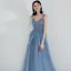 Meilleur Bleu Ciel Robe De Soirée 2019 Princesse Transparentes Col v profond Sans Manches Perlage Glitter Tulle Train De Balayage Volants Dos Nu Robe De Ceremonie