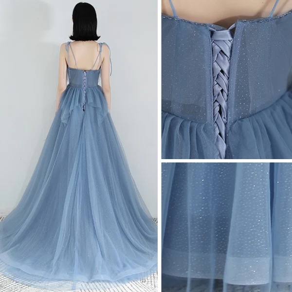 Meilleur Bleu Ciel Robe De Soirée 2019 Princesse Transparentes Col v profond Sans Manches Perlage Glitter Tulle Train De Balayage Volants Dos Nu Robe De Ceremonie