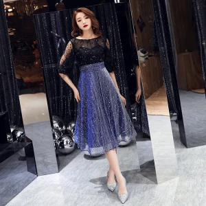 Bling Bling Bleu Roi Transparentes Robe De Fete 2019 Princesse Encolure Carrée 1 2 Manches Tachetée Tulle Glitter Paillettes Mi Longues Volants Robe De Ceremonie