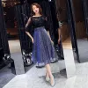 Bling Bling Royal Blue See-through Party Dresses 2019 A-Line / Princess Square Neckline 1/2 Sleeves Spotted Tulle Glitter Sequins Knee-Length Ruffle Formal Dresses
