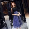 Bling Bling Royal Blue See-through Party Dresses 2019 A-Line / Princess Square Neckline 1/2 Sleeves Spotted Tulle Glitter Sequins Knee-Length Ruffle Formal Dresses
