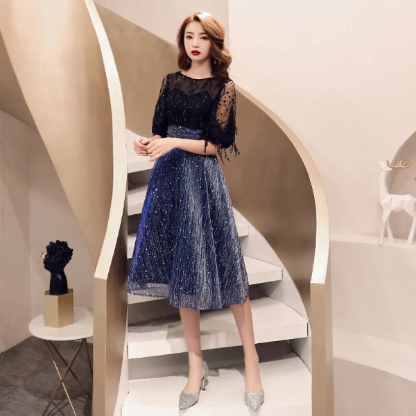 Bling Bling Bleu Roi Transparentes Robe De Fete 2019 Princesse Encolure Carrée 1/2 Manches Tachetée Tulle Glitter Paillettes Mi-Longues Volants Robe De Ceremonie