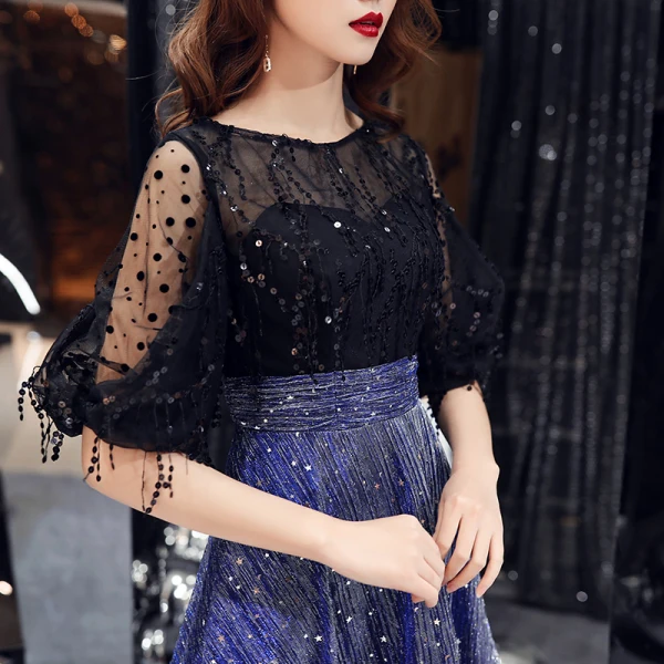 Bling Bling Bleu Roi Transparentes Robe De Fete 2019 Princesse Encolure Carrée 1/2 Manches Tachetée Tulle Glitter Paillettes Mi-Longues Volants Robe De Ceremonie