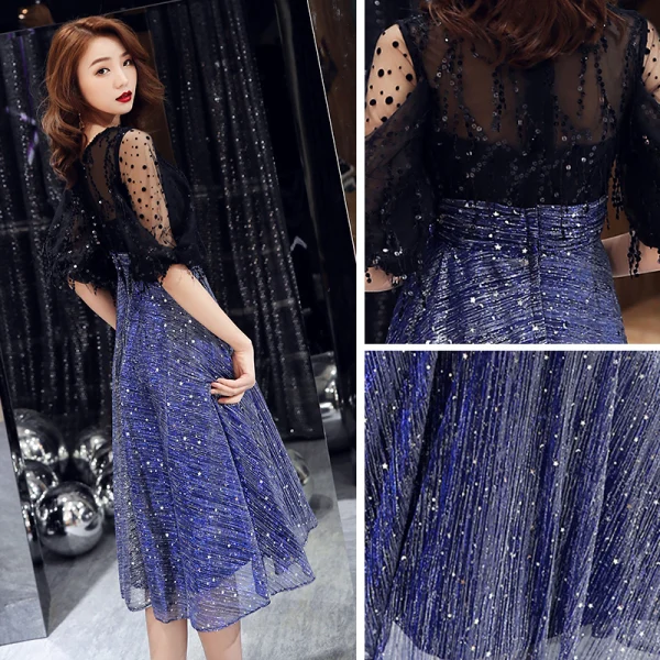 Bling Bling Bleu Roi Transparentes Robe De Fete 2019 Princesse Encolure Carrée 1/2 Manches Tachetée Tulle Glitter Paillettes Mi-Longues Volants Robe De Ceremonie