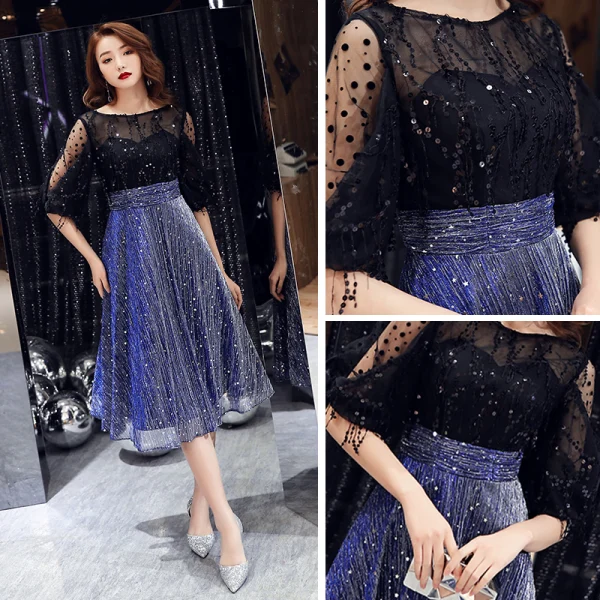 Bling Bling Bleu Roi Transparentes Robe De Fete 2019 Princesse Encolure Carrée 1/2 Manches Tachetée Tulle Glitter Paillettes Mi-Longues Volants Robe De Ceremonie