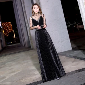 Moderne Mode Noire Transparentes Robe De Soirée 2019 Princesse Col Haut Manches Longues Perlage Paillettes Ceinture Longue Plissée Robe De Ceremonie