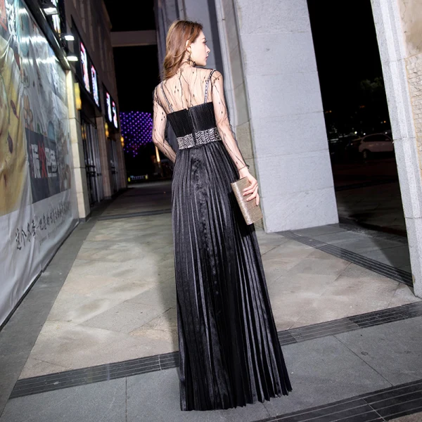 Modern / Fashion Black See-through Evening Dresses  2019 A-Line / Princess High Neck Long Sleeve Beading Sequins Sash Floor-Length / Long Pleated Formal Dresses