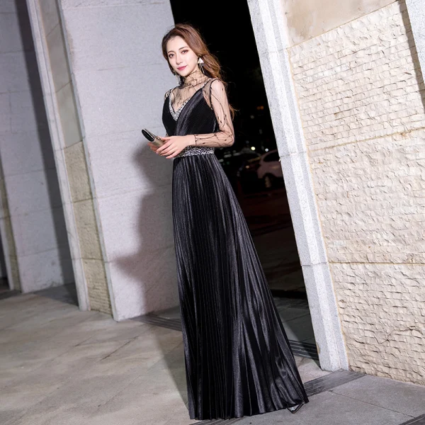 Modern / Fashion Black See-through Evening Dresses  2019 A-Line / Princess High Neck Long Sleeve Beading Sequins Sash Floor-Length / Long Pleated Formal Dresses