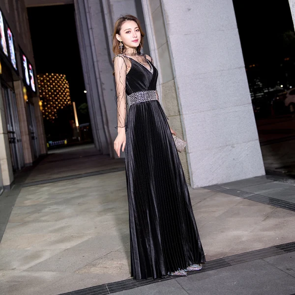 Modern / Fashion Black See-through Evening Dresses  2019 A-Line / Princess High Neck Long Sleeve Beading Sequins Sash Floor-Length / Long Pleated Formal Dresses