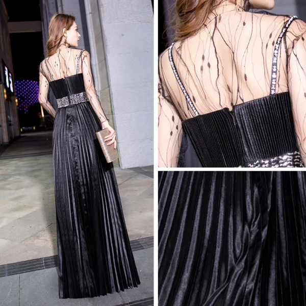 Modern / Fashion Black See-through Evening Dresses  2019 A-Line / Princess High Neck Long Sleeve Beading Sequins Sash Floor-Length / Long Pleated Formal Dresses