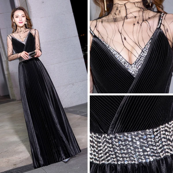 Modern / Fashion Black See-through Evening Dresses  2019 A-Line / Princess High Neck Long Sleeve Beading Sequins Sash Floor-Length / Long Pleated Formal Dresses