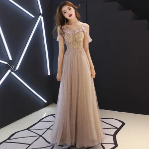 Élégant Champagne Robe De Soirée 2019 Princesse Bretelles Spaghetti Manches Courtes Paillettes Perlage Glitter Tulle Longue Volants Dos Nu Robe De Ceremonie