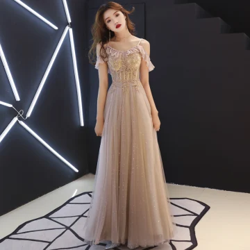 Élégant Champagne Robe De Soirée 2019 Princesse Bretelles Spaghetti Manches Courtes Paillettes Perlage Glitter Tulle Longue Volants Dos Nu Robe De Ceremonie