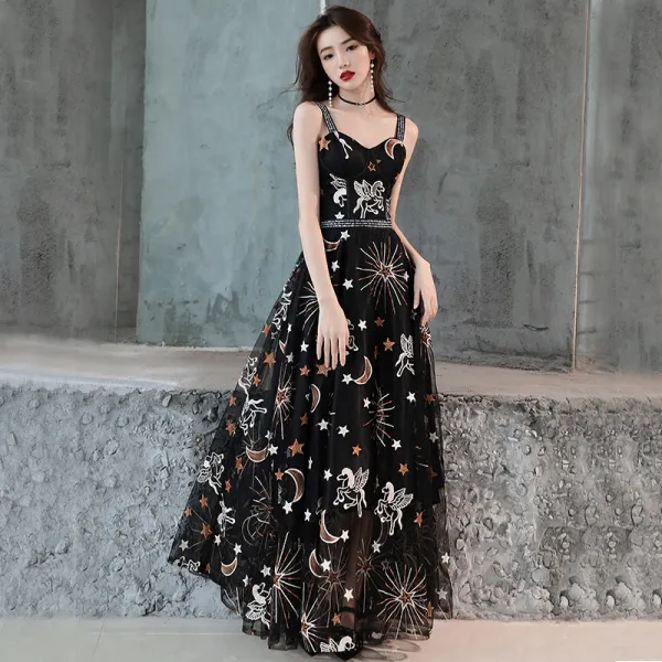 Lovely Black Evening Dresses  2019 A-Line / Princess Shoulders Sleeveless Sash Cartoon Embroidered Floor-Length / Long Ruffle Backless Formal Dresses