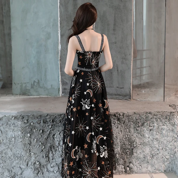 Lovely Black Evening Dresses 2019 A-Line / Princess Shoulders Sleeveless Sash Cartoon Embroidered Floor-Length / Long Ruffle Backless Formal Dresses