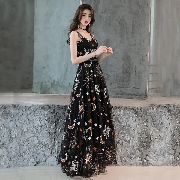Lovely Black Evening Dresses 2019 A-Line / Princess Shoulders Sleeveless Sash Cartoon Embroidered Floor-Length / Long Ruffle Backless Formal Dresses