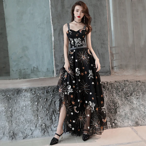 Lovely Black Evening Dresses 2019 A-Line / Princess Shoulders Sleeveless Sash Cartoon Embroidered Floor-Length / Long Ruffle Backless Formal Dresses