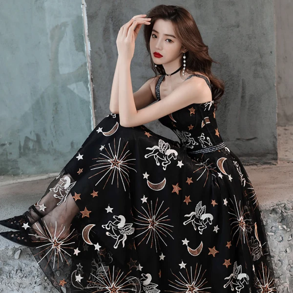 Lovely Black Evening Dresses 2019 A-Line / Princess Shoulders Sleeveless Sash Cartoon Embroidered Floor-Length / Long Ruffle Backless Formal Dresses