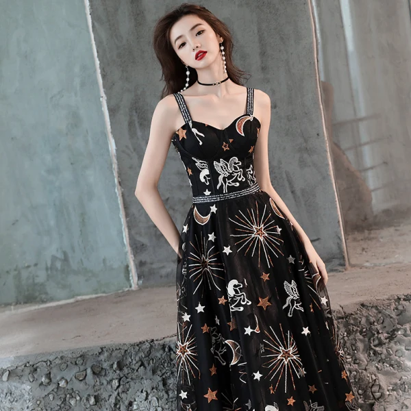 Lovely Black Evening Dresses 2019 A-Line / Princess Shoulders Sleeveless Sash Cartoon Embroidered Floor-Length / Long Ruffle Backless Formal Dresses