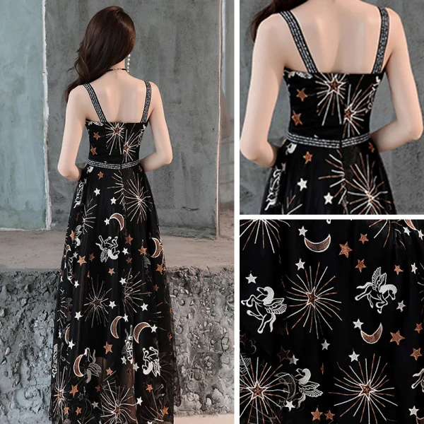 Lovely Black Evening Dresses 2019 A-Line / Princess Shoulders Sleeveless Sash Cartoon Embroidered Floor-Length / Long Ruffle Backless Formal Dresses