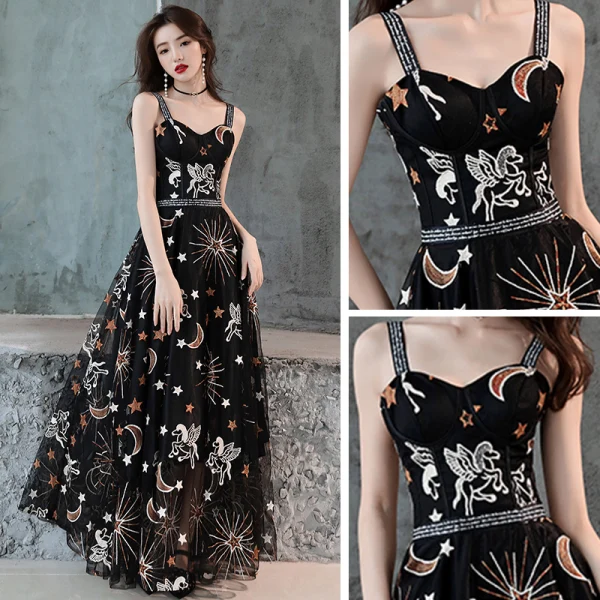 Lovely Black Evening Dresses 2019 A-Line / Princess Shoulders Sleeveless Sash Cartoon Embroidered Floor-Length / Long Ruffle Backless Formal Dresses