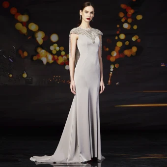 Luxe Gris Robe De Soirée 2019 Trompette Sirène Encolure Carrée Sans Manches Perlage Gland Train De Balayage Volants Dos Nu Robe De Ceremonie