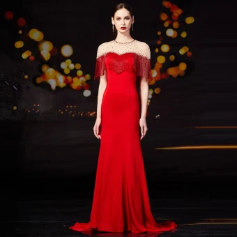 Luxe Rouge Transparentes Robe De Soirée 2019 Trompette Sirène Encolure Dégagée Sans Manches Faux Diamant Perlage Gland Train De Balayage Volants Robe De Ceremonie