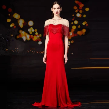 Luxury Gorgeous Red See Through Evening Dresses 2019 Trumpet Mermaid Scoop Neck Sleeveless Rhinestone Beading Tassel Sweep Train Ruffle Formal Dresses
