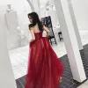Chic / Beautiful Burgundy Evening Dresses  2019 A-Line / Princess Amazing / Unique Strapless Sleeveless Glitter Tulle Floor-Length / Long Ruffle Backless Formal Dresses