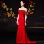 Luxe Rouge Transparentes Robe De Soirée 2019 Trompette / Sirène Encolure Dégagée Sans Manches Faux Diamant Perlage Gland Train De Balayage Volants Robe De Ceremonie