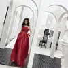 Chic / Beautiful Burgundy Evening Dresses  2019 A-Line / Princess Amazing / Unique Strapless Sleeveless Glitter Tulle Floor-Length / Long Ruffle Backless Formal Dresses
