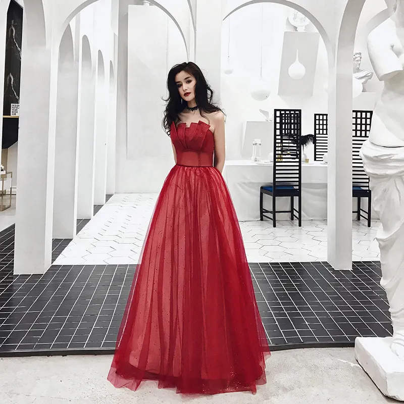 Chic Beautiful Burgundy Evening Dresses 2019 A Line Princess Amazing Unique Strapless Sleeveless Glitter Tulle Floor Length Long Ruffle Backless Formal Dresses Chic Beautiful Burgundy Evening Dresses 2019 A Line Princess Amazing Unique Strapless Sleeveless Glitter Tulle Floor Length Long Ruffle Backless Formal Dresses