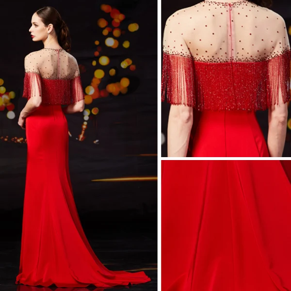 Luxe Rouge Transparentes Robe De Soirée 2019 Trompette / Sirène Encolure Dégagée Sans Manches Faux Diamant Perlage Gland Train De Balayage Volants Robe De Ceremonie