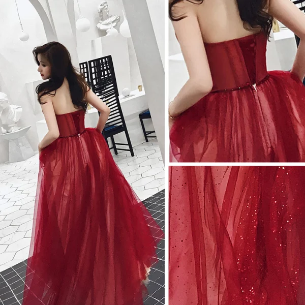 Chic / Beautiful Burgundy Evening Dresses  2019 A-Line / Princess Amazing / Unique Strapless Sleeveless Glitter Tulle Floor-Length / Long Ruffle Backless Formal Dresses