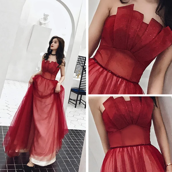 Chic / Beautiful Burgundy Evening Dresses  2019 A-Line / Princess Amazing / Unique Strapless Sleeveless Glitter Tulle Floor-Length / Long Ruffle Backless Formal Dresses