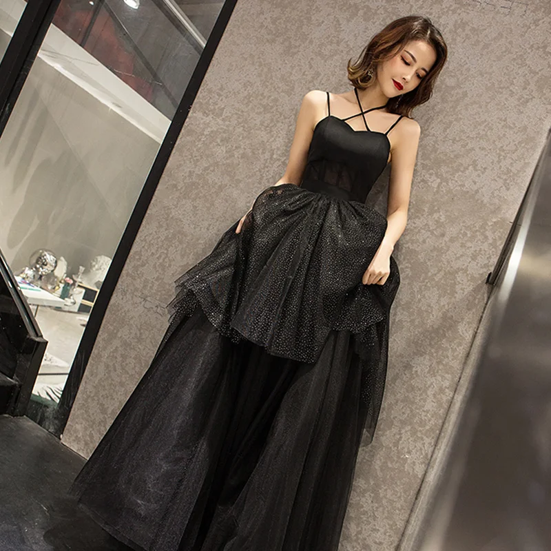 Chic Beautiful Black Prom Dresses 2019 A Line Princess Spaghetti Straps  Sleeveless Glitter Tulle Floor Length Long Ruffle Backless Formal Dresses