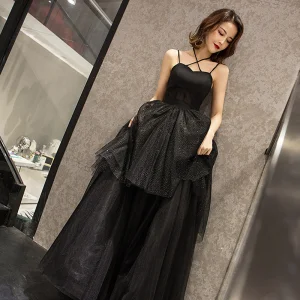 Hermoso Negro Vestidos De Gala 2019 A Line Princess Spaghetti Straps Sin Mangas Glitter Tul Largos Ruffle Sin Espalda Vestidos Formales