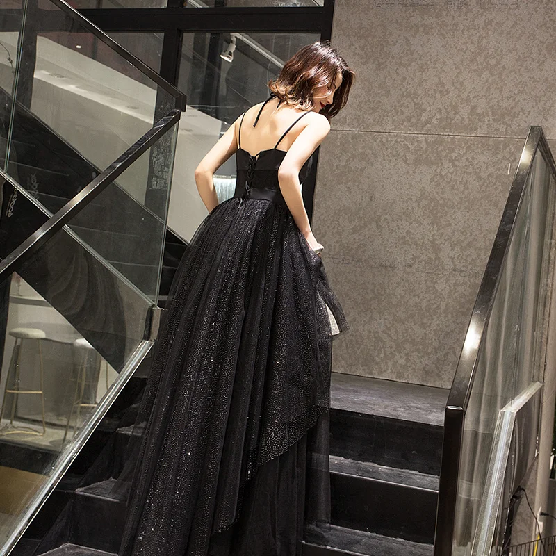 strapless open back dress Cute Black One Shoulder A Line Sequins Slit Prom Dresses main image 0