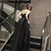 Chic / Beautiful Black Prom Dresses 2019 A-Line / Princess Spaghetti Straps Sleeveless Glitter Tulle Floor-Length / Long Ruffle Backless Formal Dresses